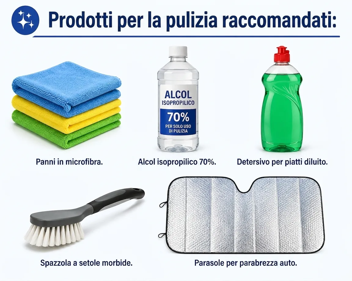 Infografica che mostra i prodotti per la pulizia consigliati